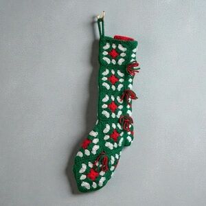 Vintage Green and Red Crochet Holiday Christmas Stocking 60s 70s Kitschy Grandma